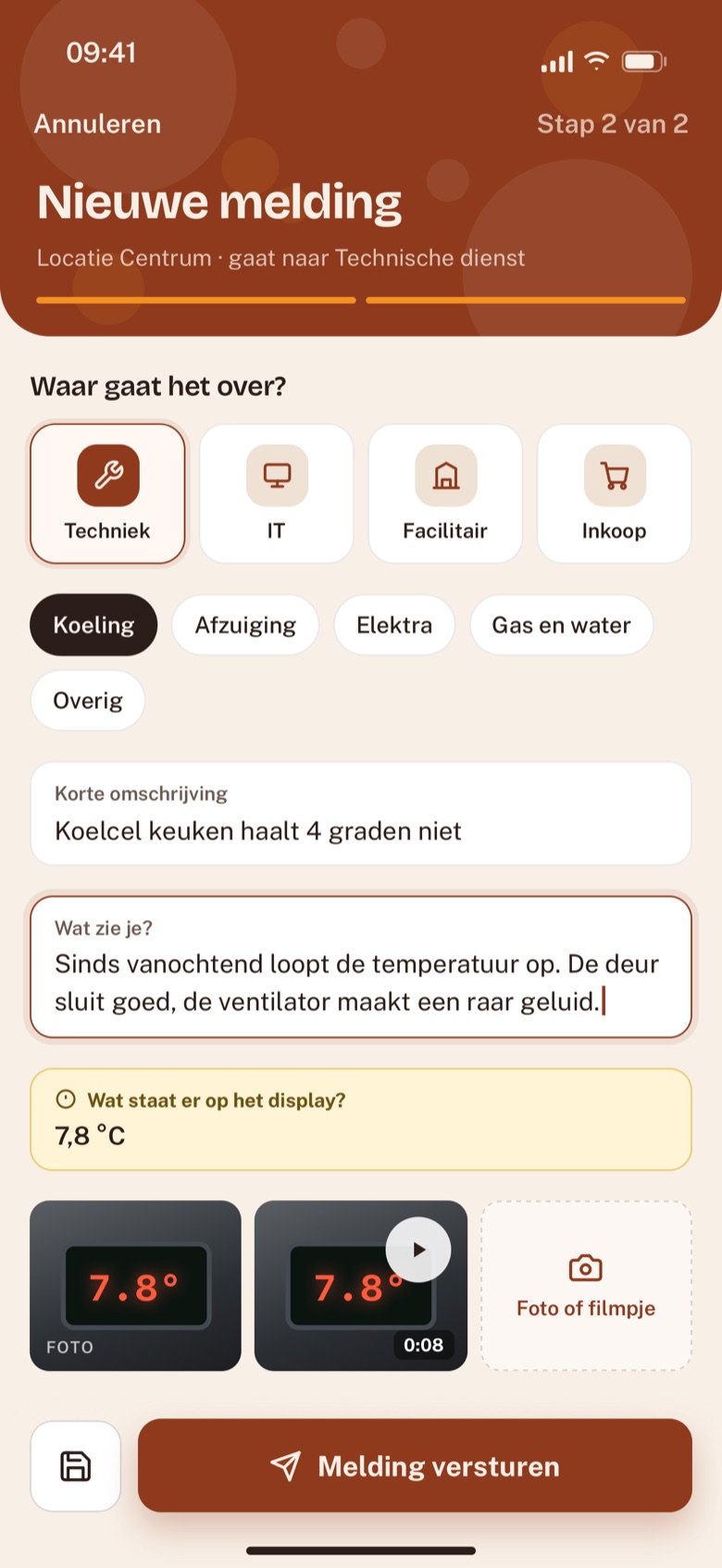 Een nieuwe melding maken: categorie kiezen, omschrijven en een foto of filmpje toevoegen.